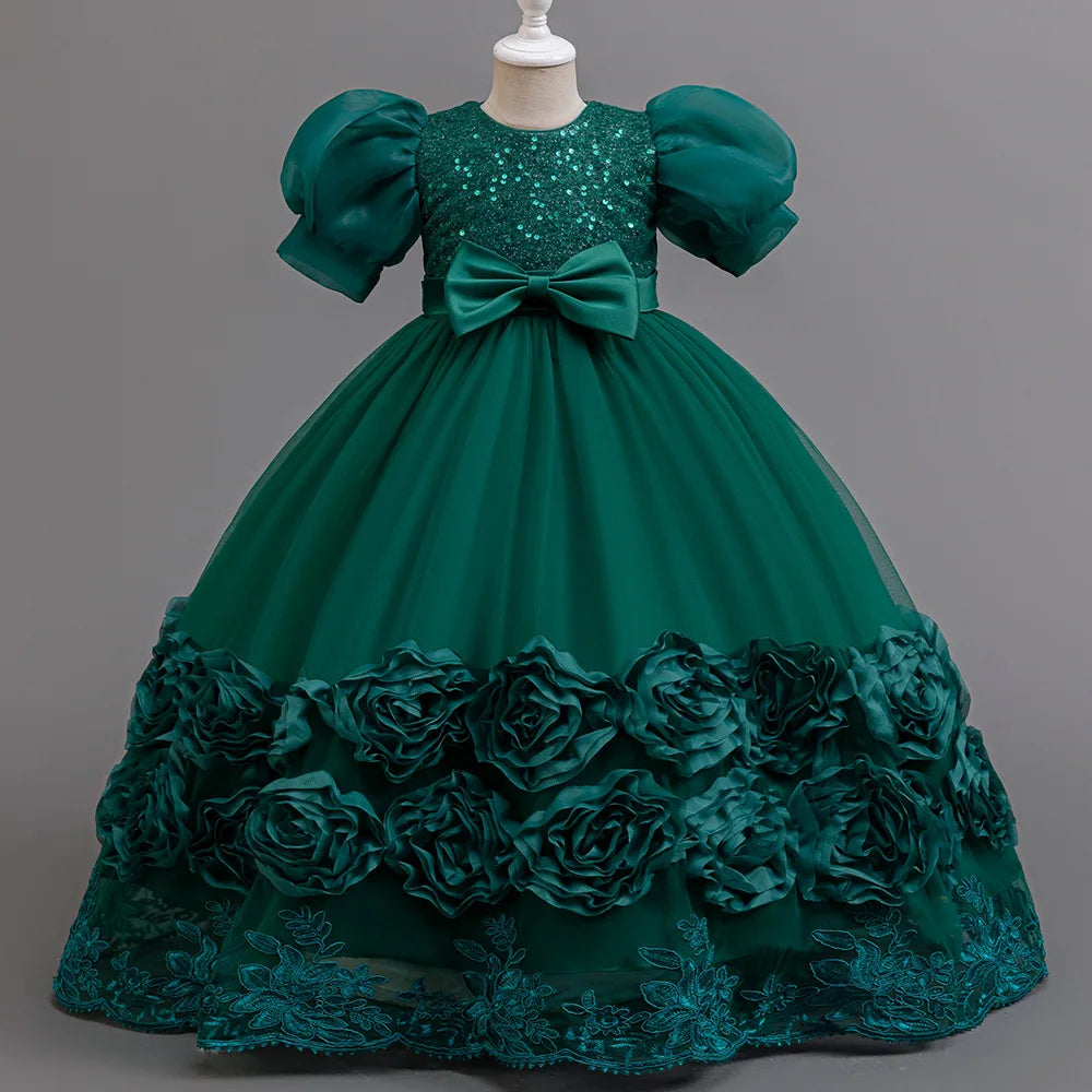 Flower Appliqués and Sequin Design Girls Long Party Dresses childrensterritory