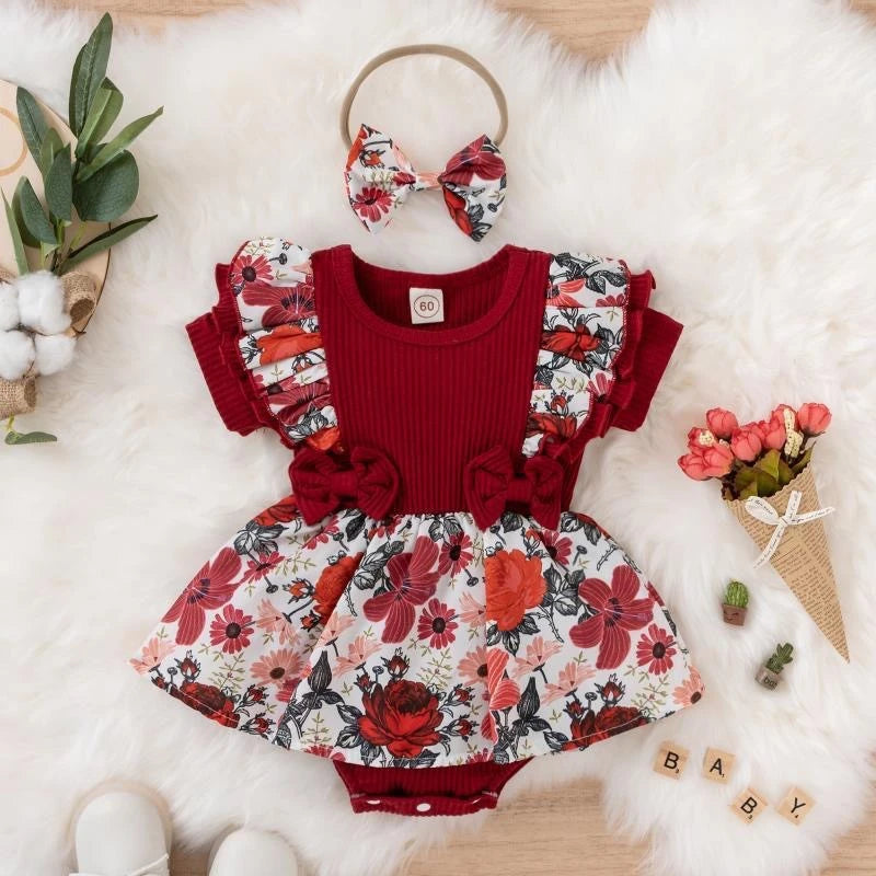 Floral Print Baby Girl Cotton Jumpsuit Dress With Bowknot