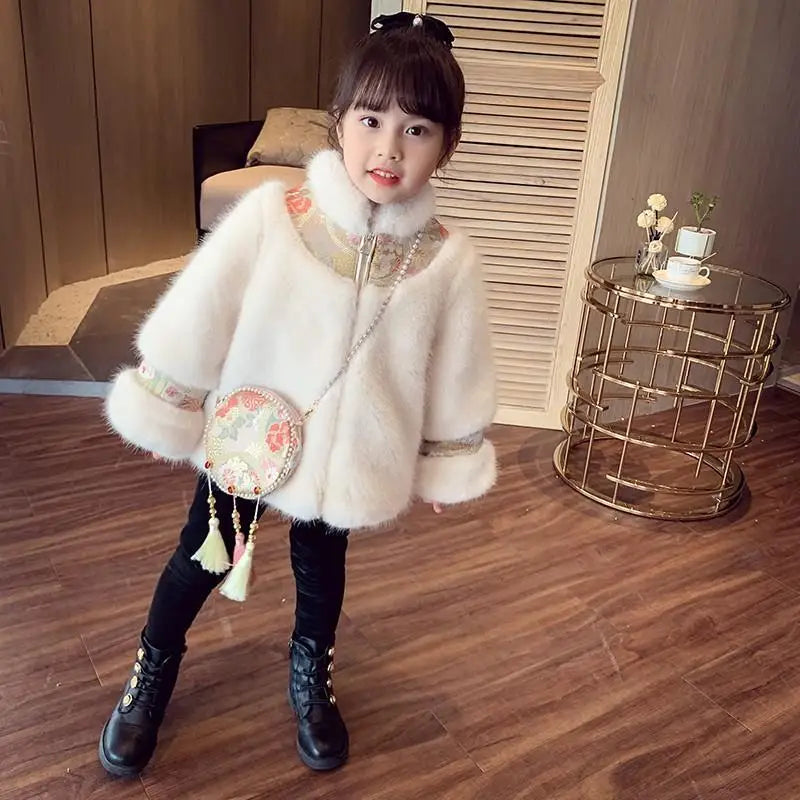 Little Girls' Furry Design Mid-Length Warm Birthday Dress