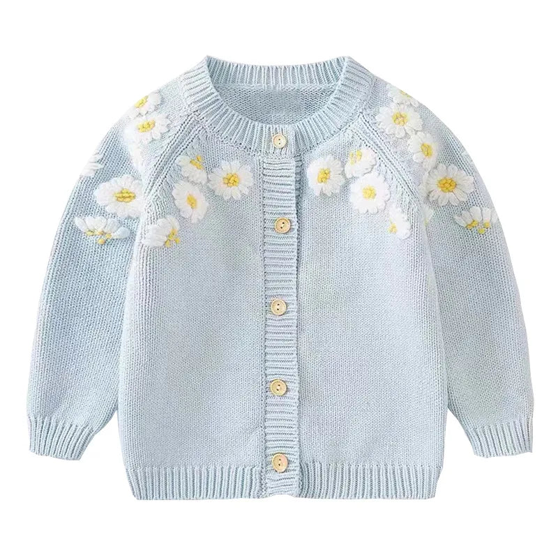Kids Girls Light Blue Floral Embroidery Cardigan childrensterritory