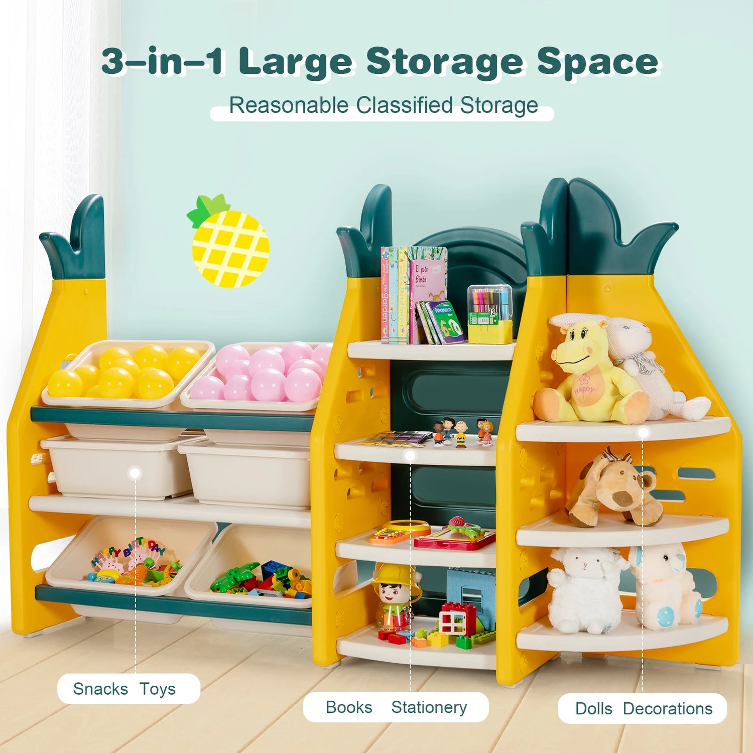 3-in-1 Kids Toy Storage Cabinet w/ Plastic Bins