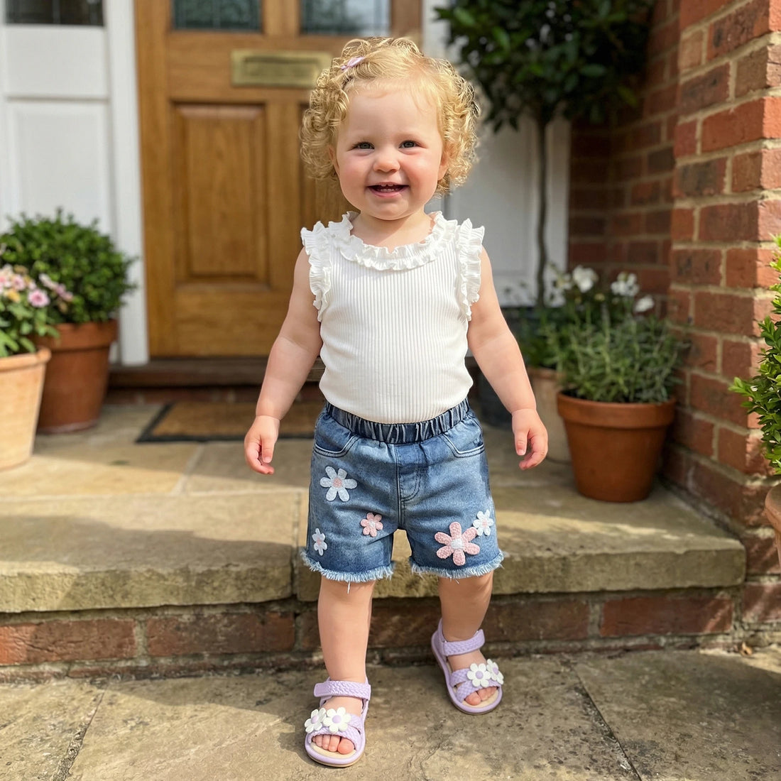 Baby Girl 2 Pcs Ruffled Sleeveless Tops with Denim Shorts Set