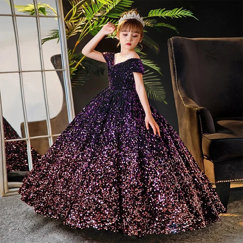 Little Girl Deep Purple Sequin Luxury Gowns/Party Dresses