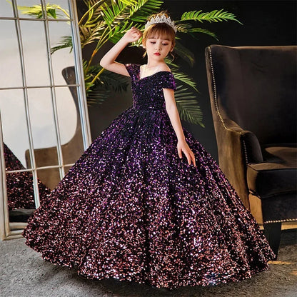 Little Girl Deep Purple Sequin Luxury Gowns/Party Dresses