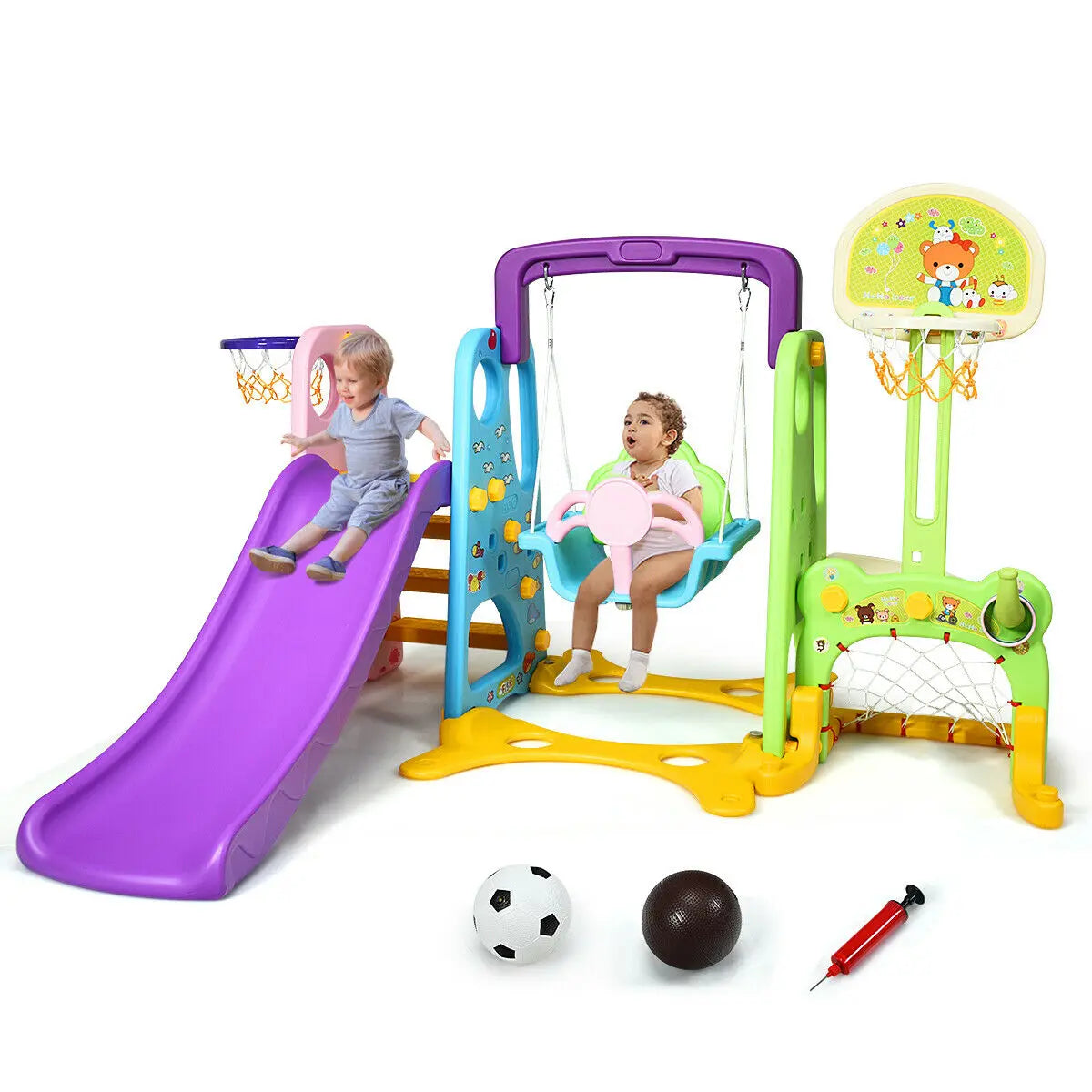 A 6-in-1 Toddler Swing Set, Basketball Hoop, and Football Gate Set childrensterritory