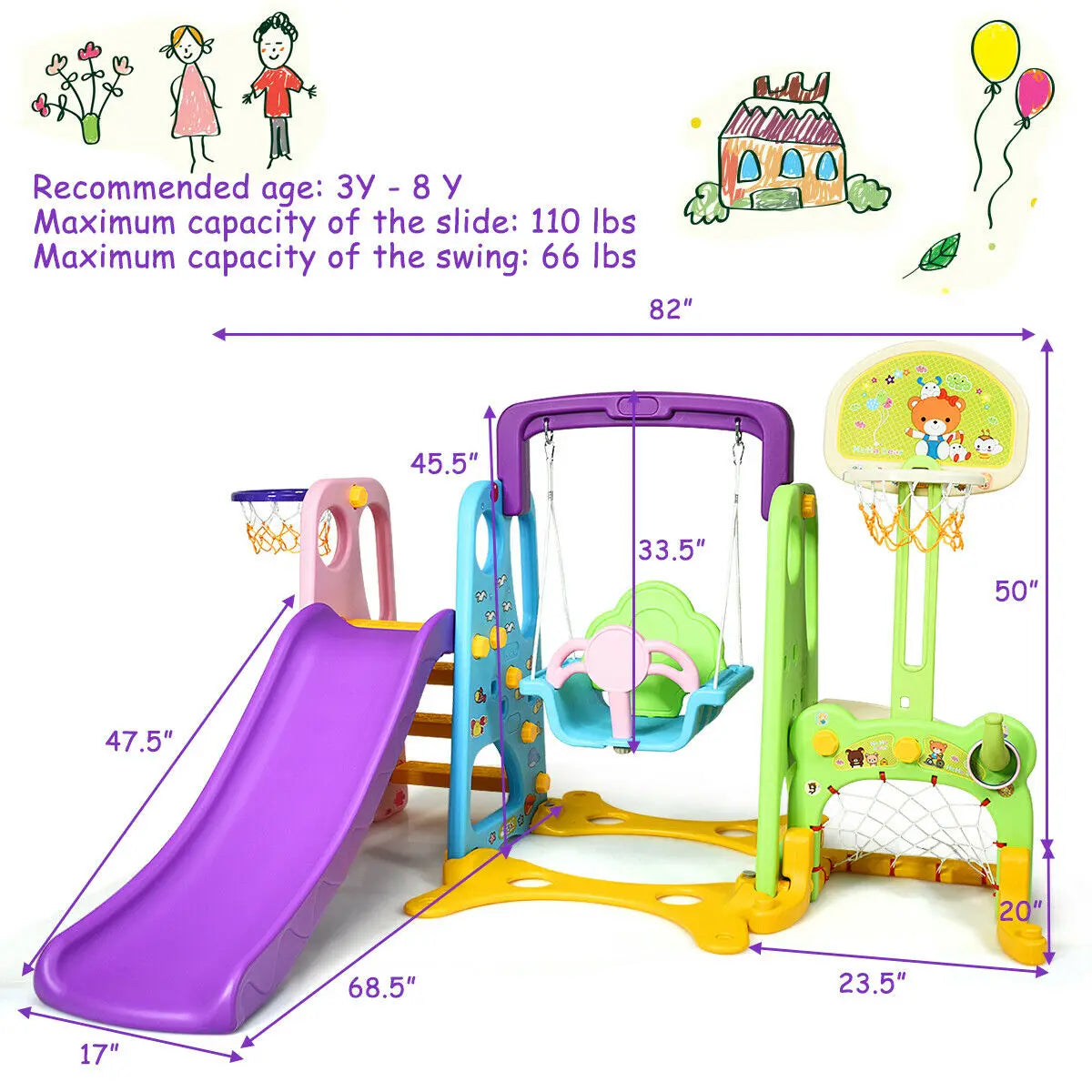 A 6-in-1 Toddler Swing Set, Basketball Hoop, and Football Gate Set childrensterritory