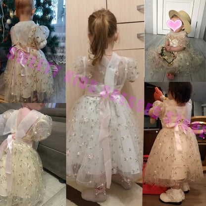 First Communion Dress with Flower Embroidery For Little Girl