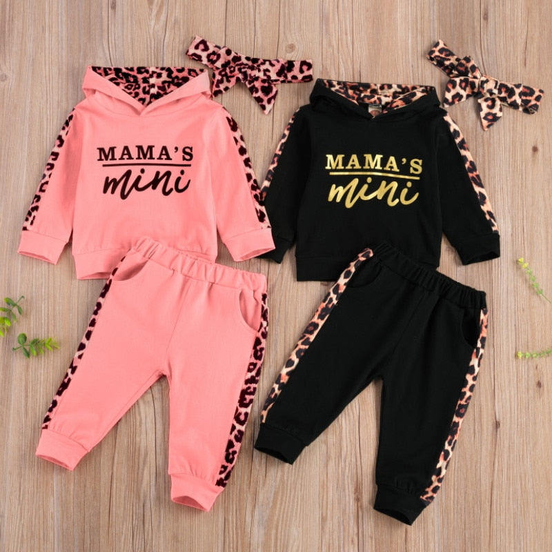 Baby Girl Leopard Letter Print Hooded Sweatshirt Pants Outfit childrensterritory