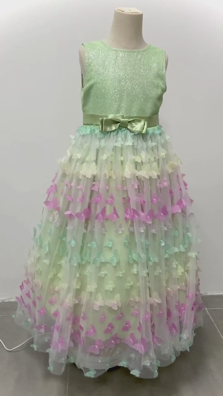 3D Butterfly Design Kids Girls Mesh Bow Long Princess Dress