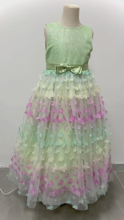 3D Butterfly Design Kids Girls Mesh Bow Long Princess Dress