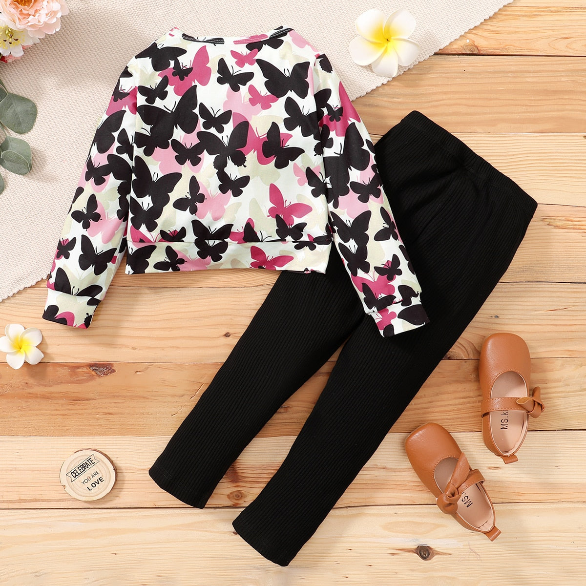 1-6 Years Girls Clothes Set Butterfly Print Top + Black Pant childrensterritory