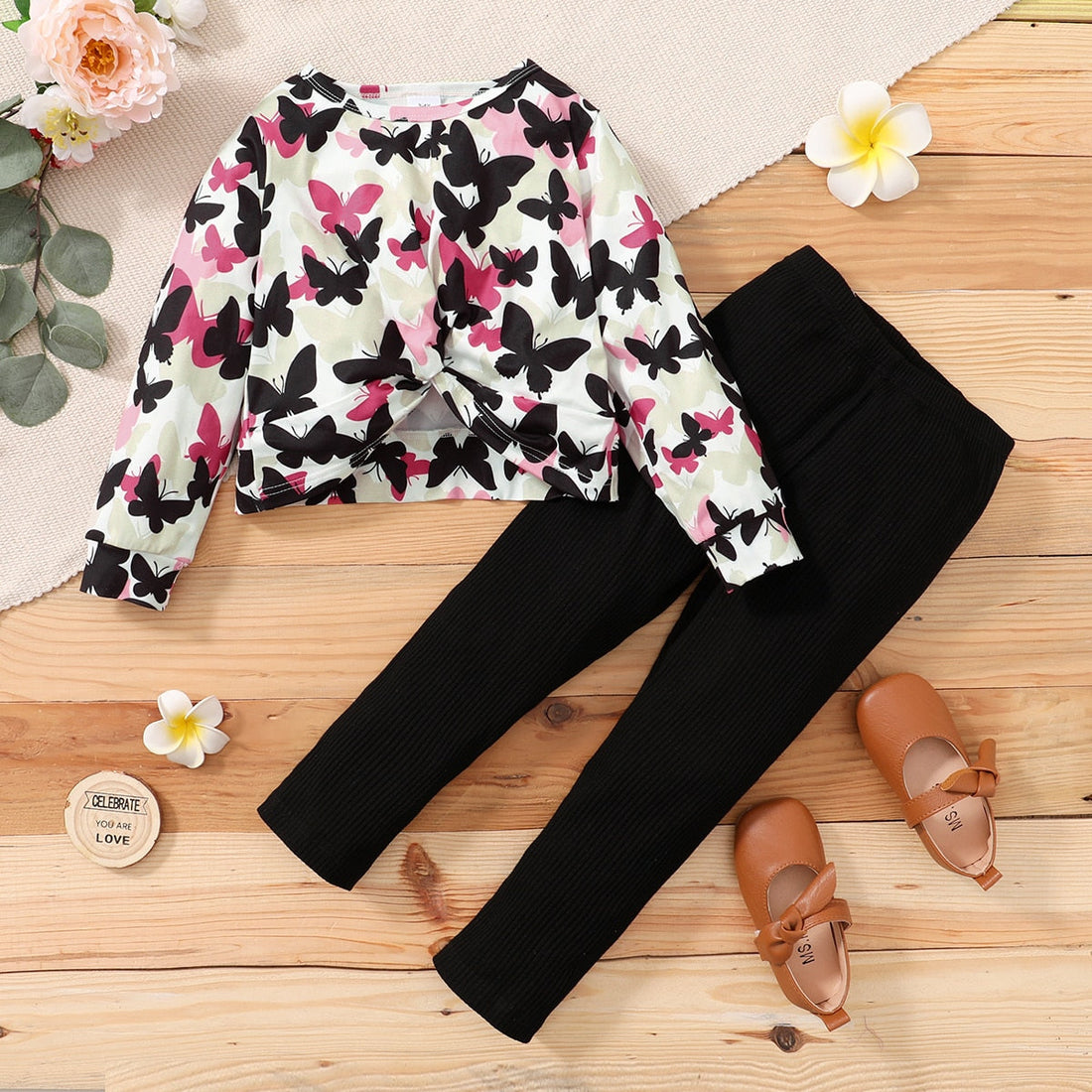 1-6 Years Girls Clothes Set Butterfly Print Top + Black Pant childrensterritory