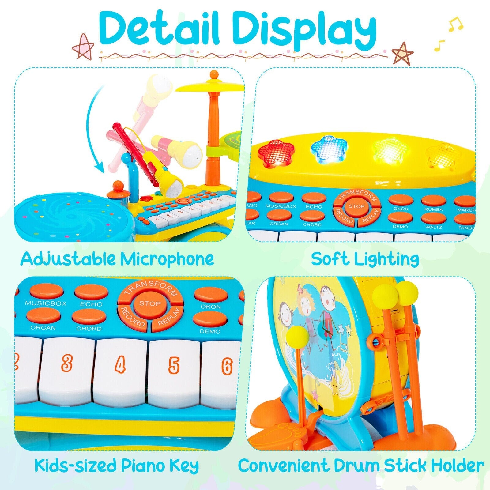 2-in-1 Kids Electronic Drum Kit Toy w/ Keyboard childrensterritory