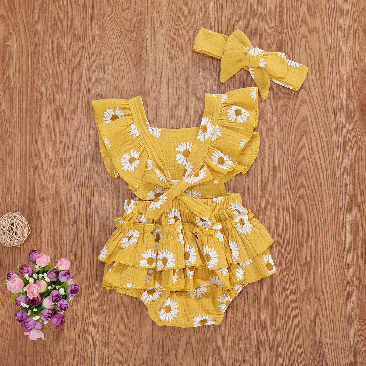 2Pcs Baby Girl Daisy Printed Off Shoulder Romper childrensterritory