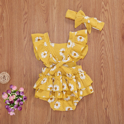 2Pcs Baby Girl Daisy Printed Off Shoulder Romper childrensterritory