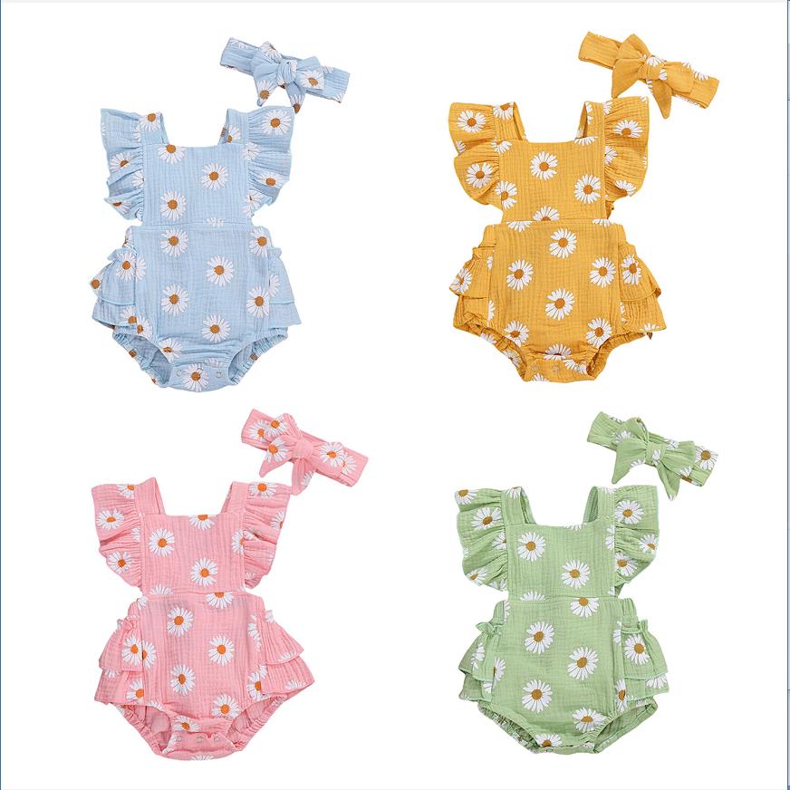 2Pcs Baby Girl Daisy Printed Off Shoulder Romper childrensterritory