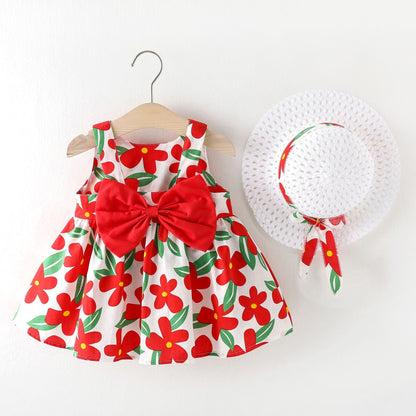 2Pcs Baby Girls Casual Floral Summer Dress+Hat childrensterritory