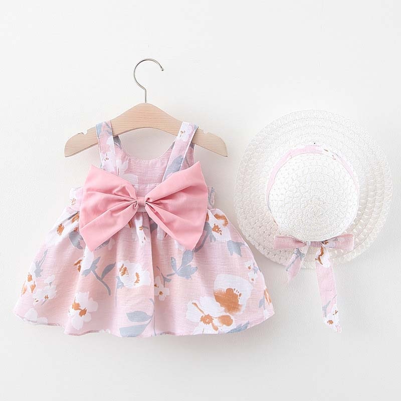 2Pcs Baby Girls Casual Floral Summer Dress+Hat childrensterritory