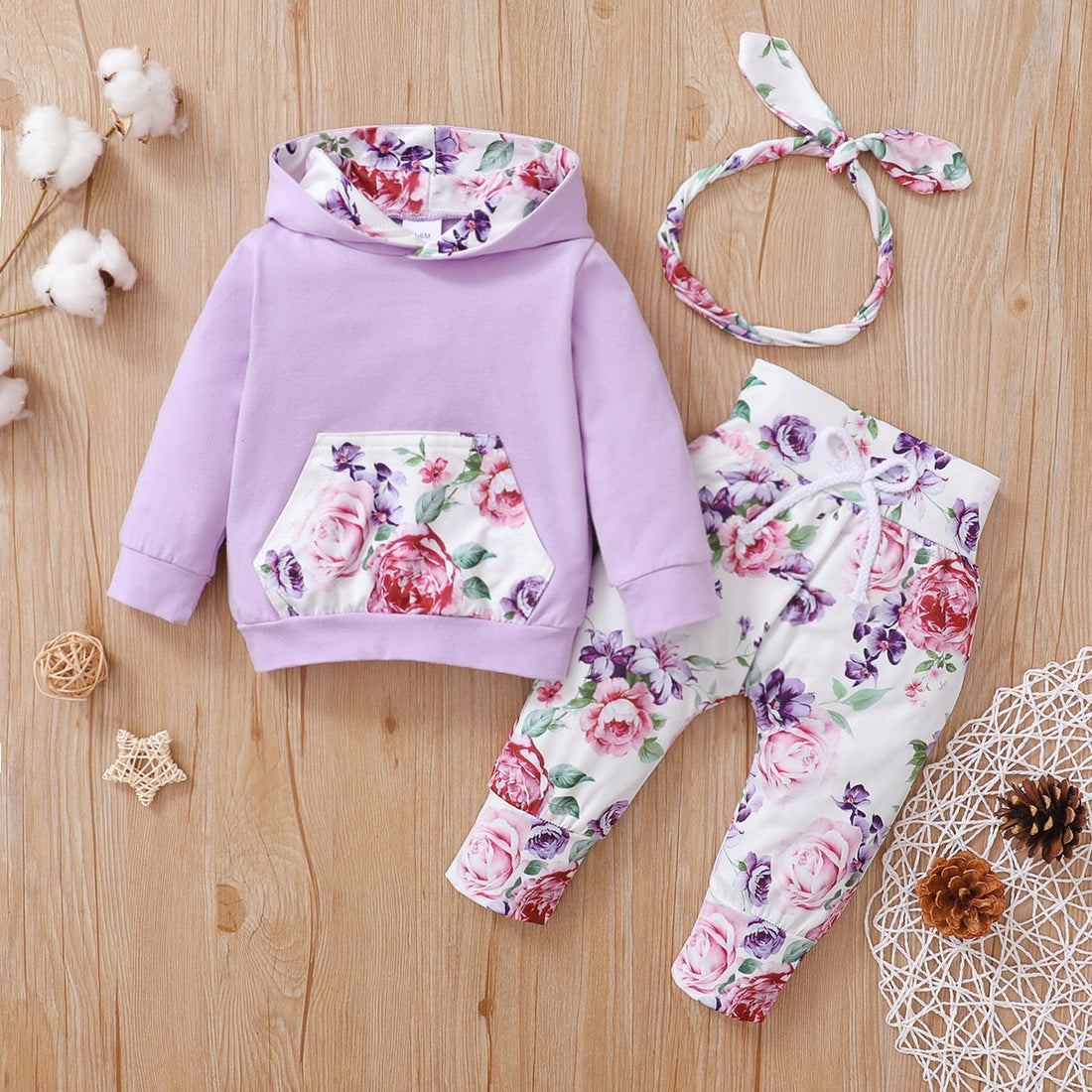 3 Piece Infant Girls Floral Hooded Clothes Set childrensterritory