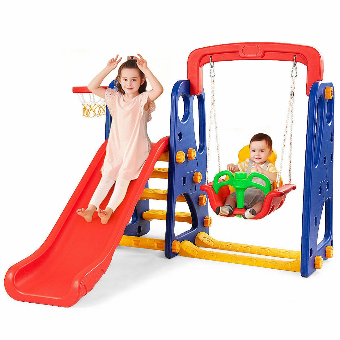 3-in-1 Children Climber Slide/Swing Seat/Basketball Hoop Playset childrensterritory