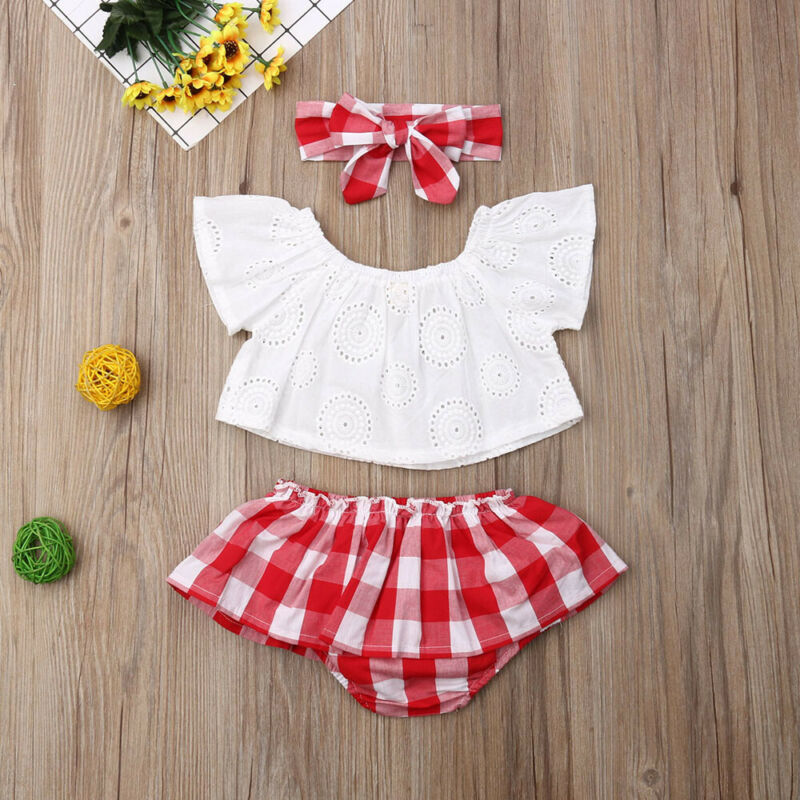 3Pcs Baby Girl Off Shoulder Top+Red Plaid Short+Headband Set childrensterritory