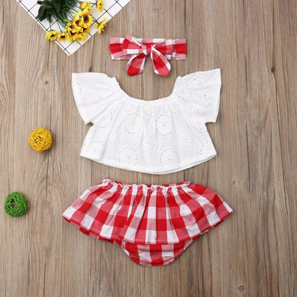 3Pcs Baby Girl Off Shoulder Top+Red Plaid Short+Headband Set childrensterritory