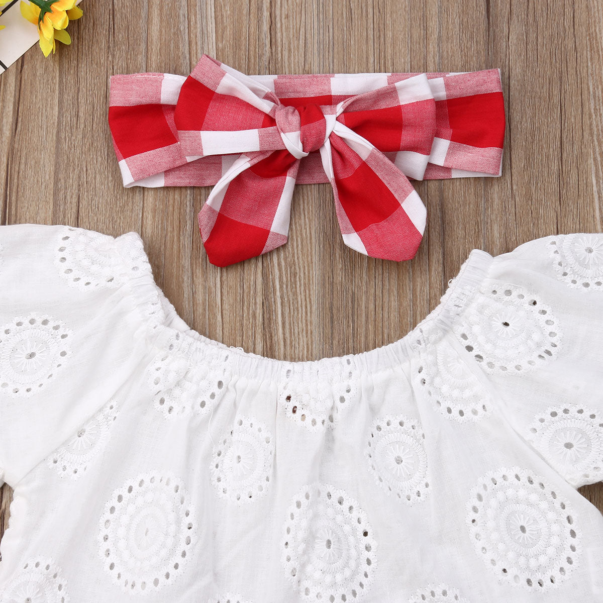 3Pcs Baby Girl Off Shoulder Top+Red Plaid Short+Headband Set childrensterritory
