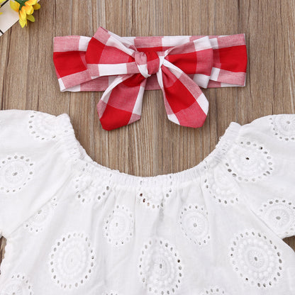 3Pcs Baby Girl Off Shoulder Top+Red Plaid Short+Headband Set childrensterritory