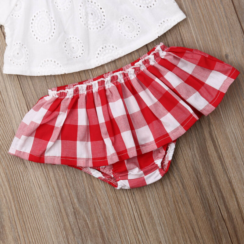 3Pcs Baby Girl Off Shoulder Top+Red Plaid Short+Headband Set childrensterritory