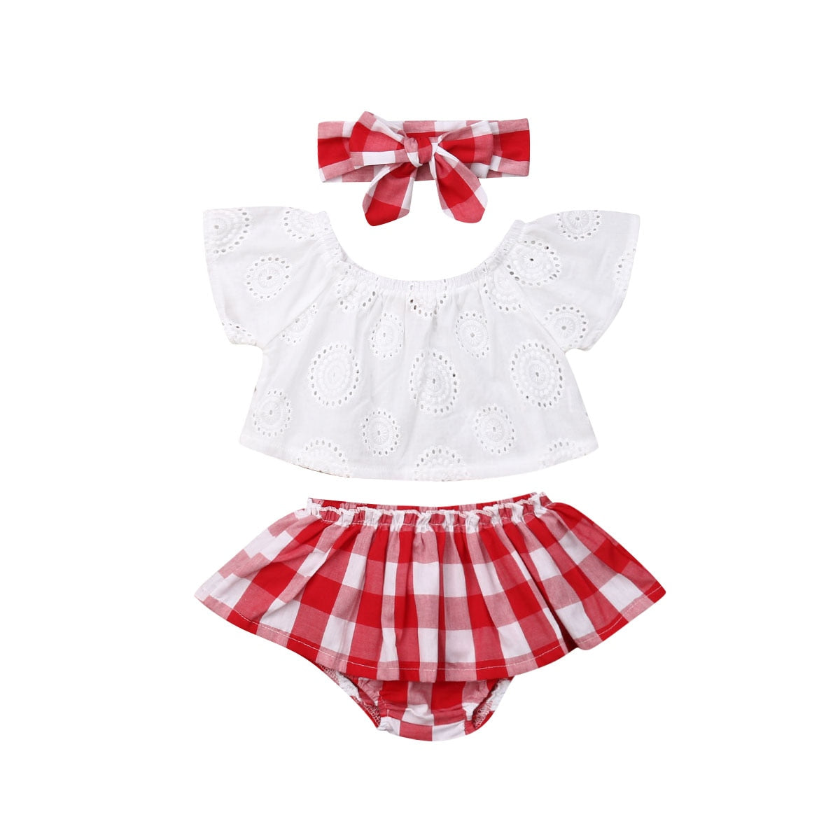 3Pcs Baby Girl Off Shoulder Top+Red Plaid Short+Headband Set childrensterritory