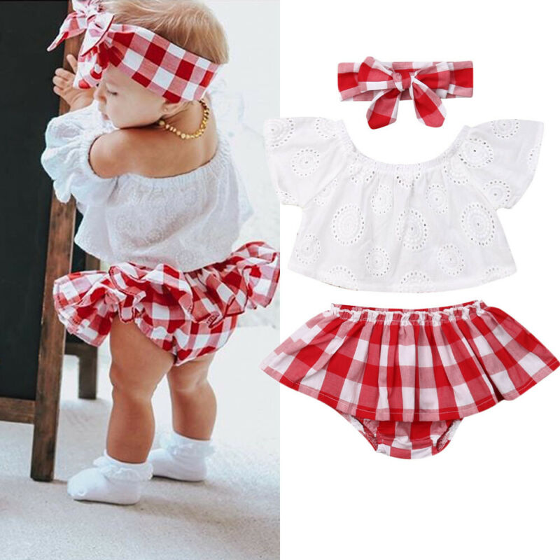3Pcs Baby Girl Off Shoulder Top+Red Plaid Short+Headband Set childrensterritory