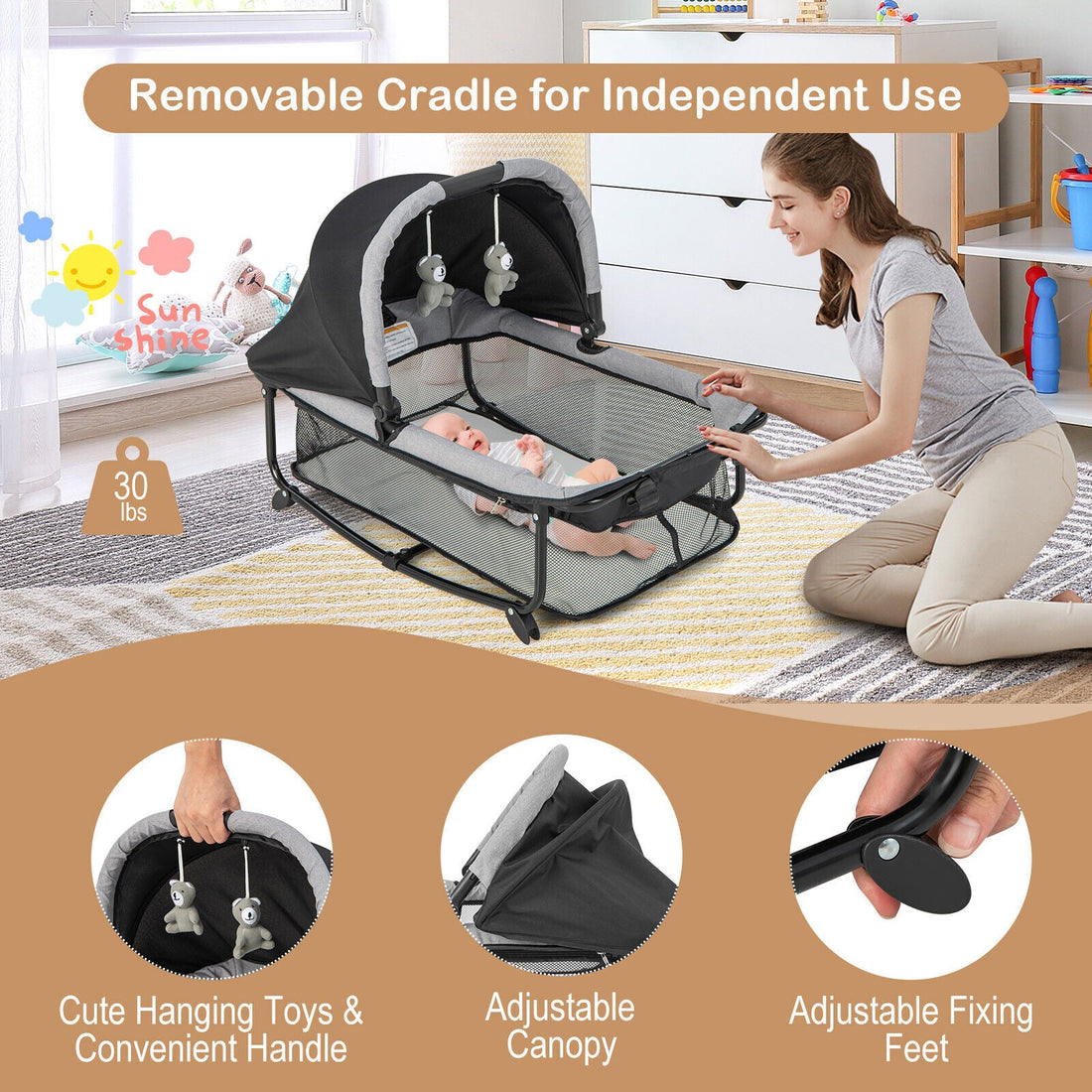 5-in-1 Baby Playard Nursery Center w/ Cradle &amp; Basket Storage childrensterritory
