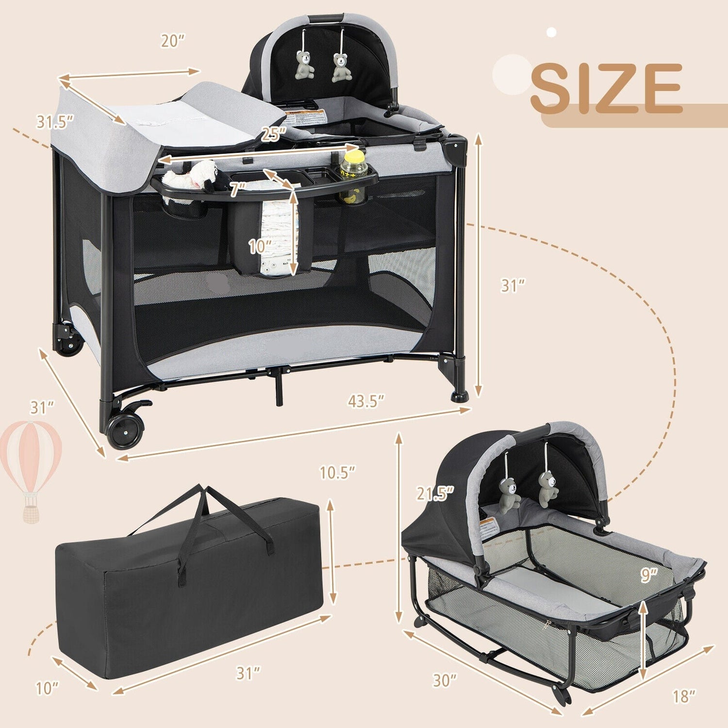 5-in-1 Baby Playard Nursery Center w/ Cradle &amp; Basket Storage childrensterritory