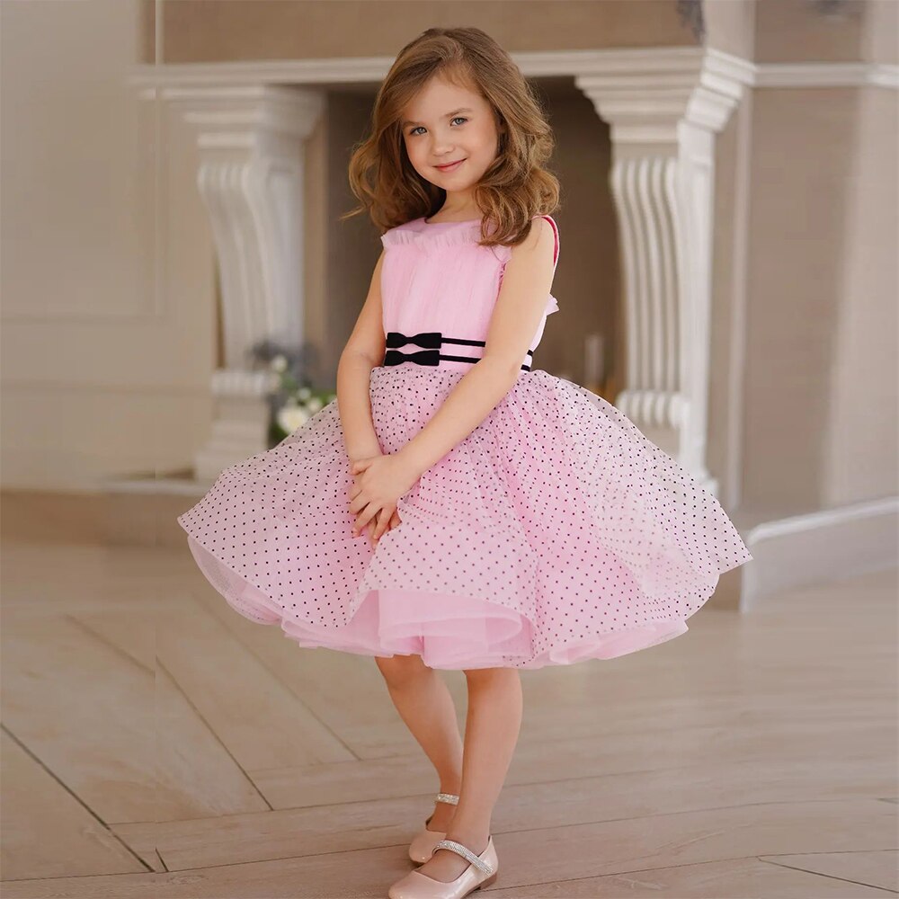 Kids Knee Length Pink Tulle Flower Girl Party Dress childrensterritory
