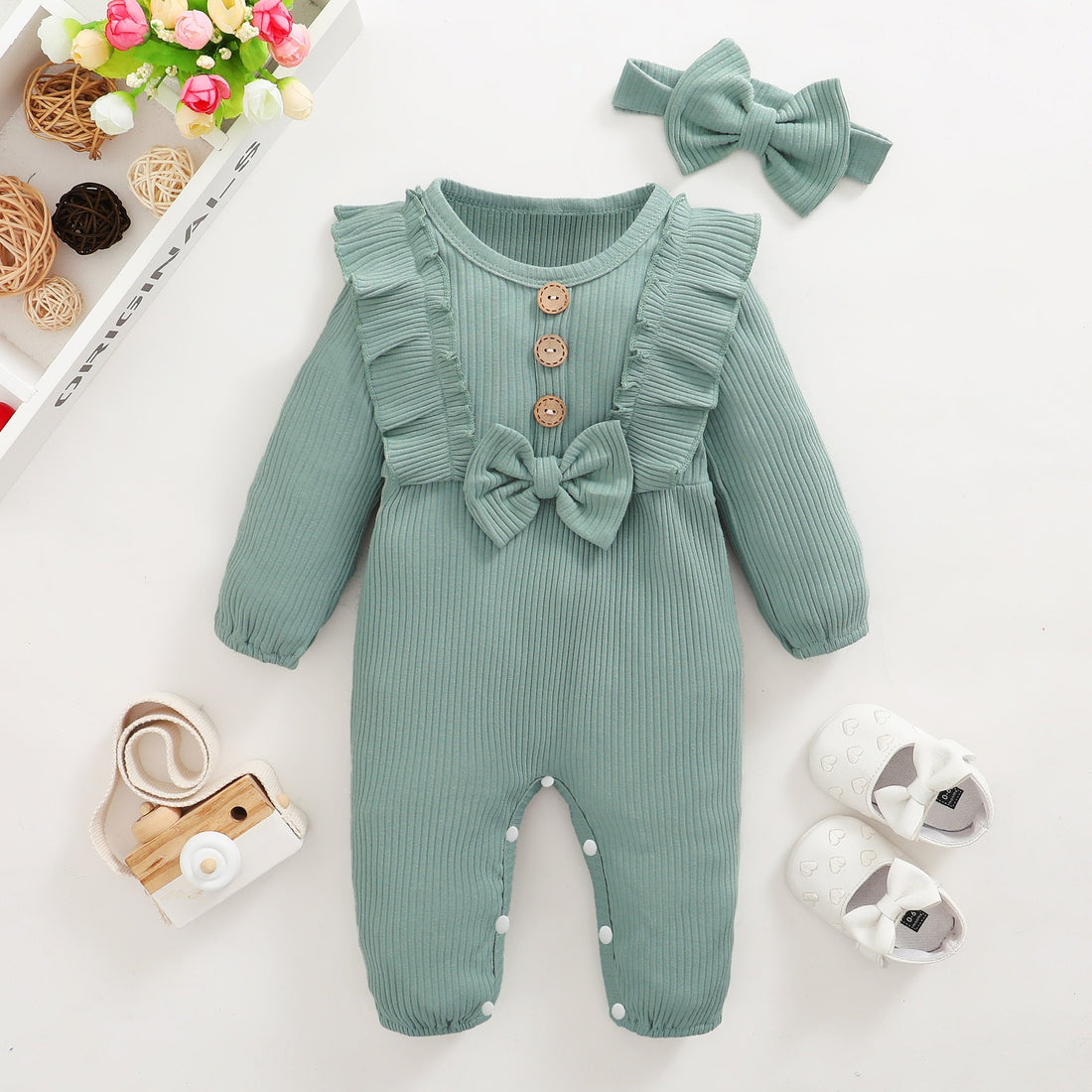 Baby Girl Long-sleeve Romper with Headband childrensterritory
