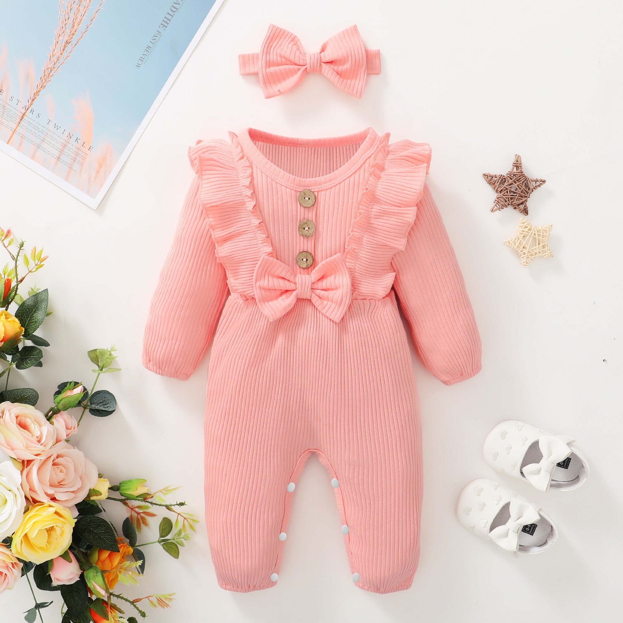 Baby Girl Long-sleeve Romper with Headband childrensterritory