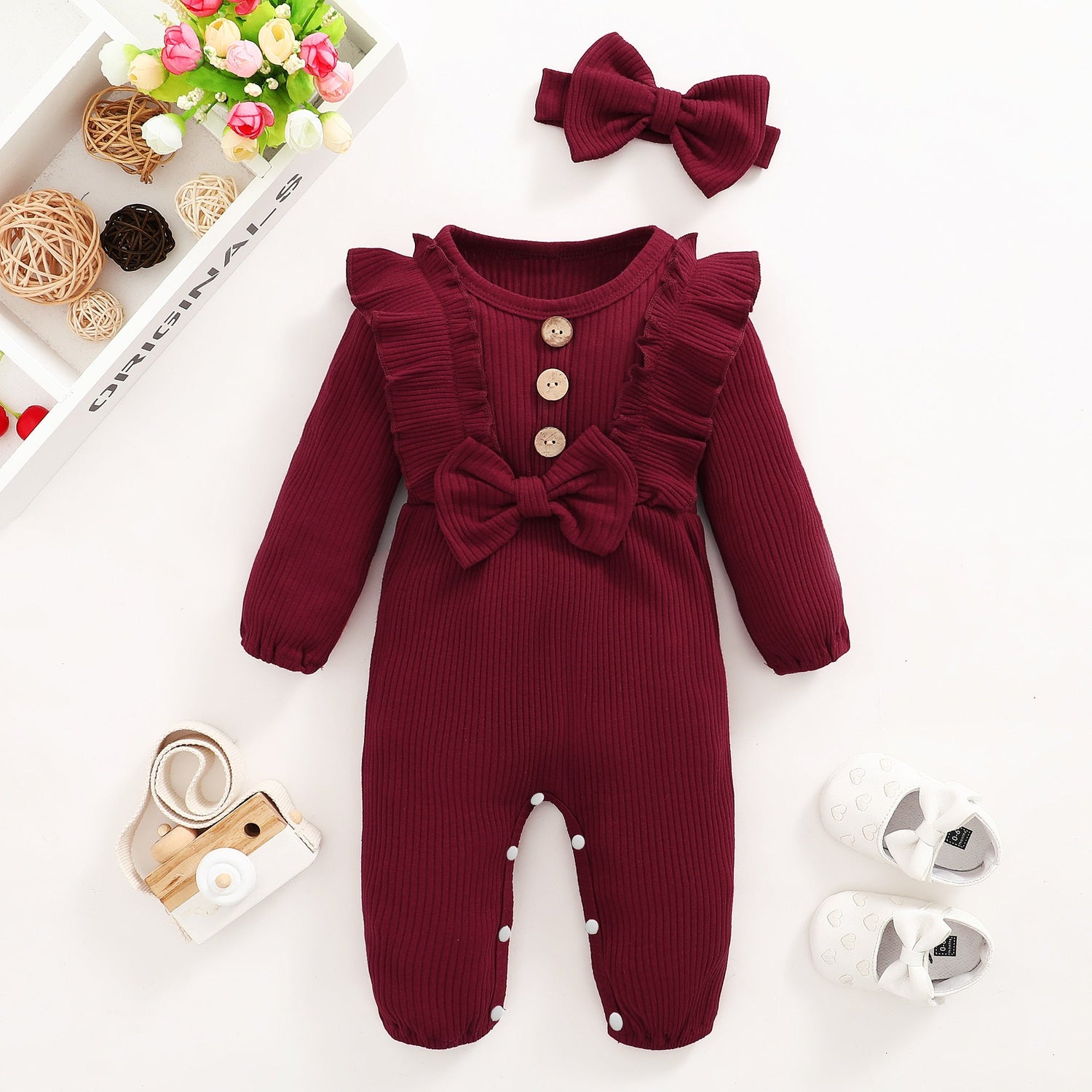 Baby Girl Long-sleeve Romper with Headband childrensterritory