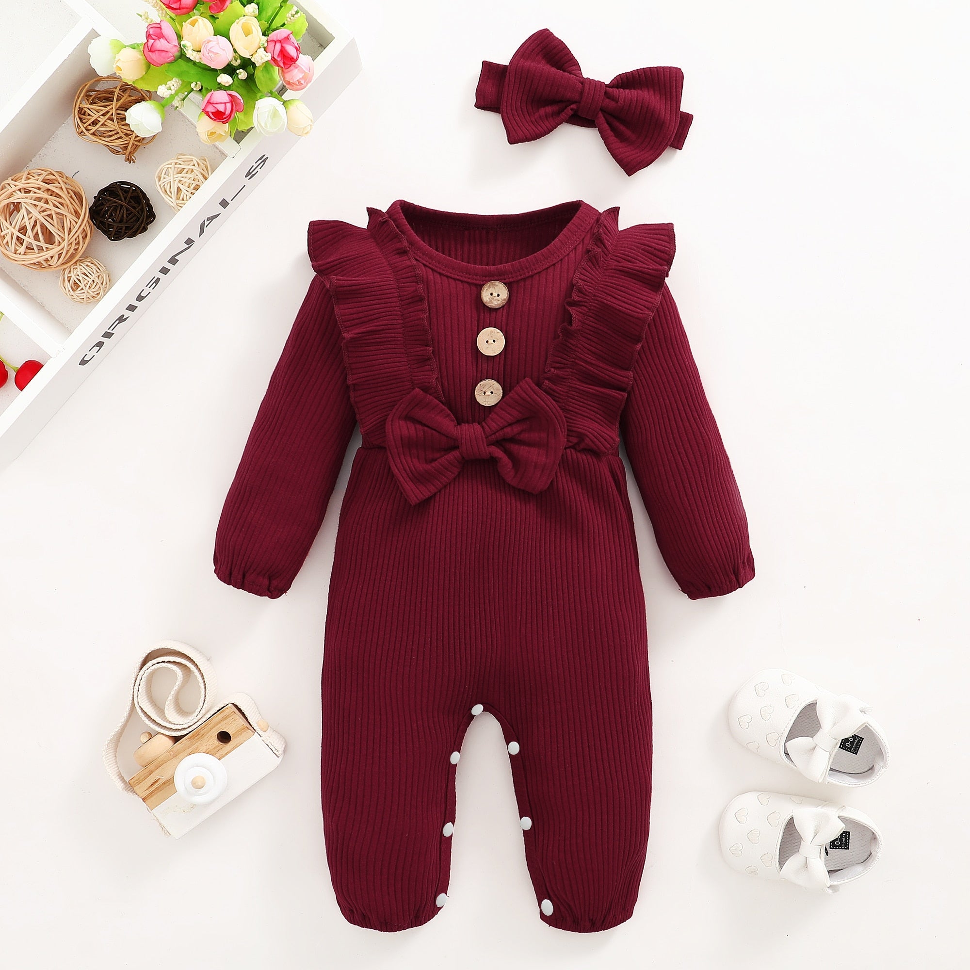 Baby Girl Long-sleeve Romper with Headband childrensterritory