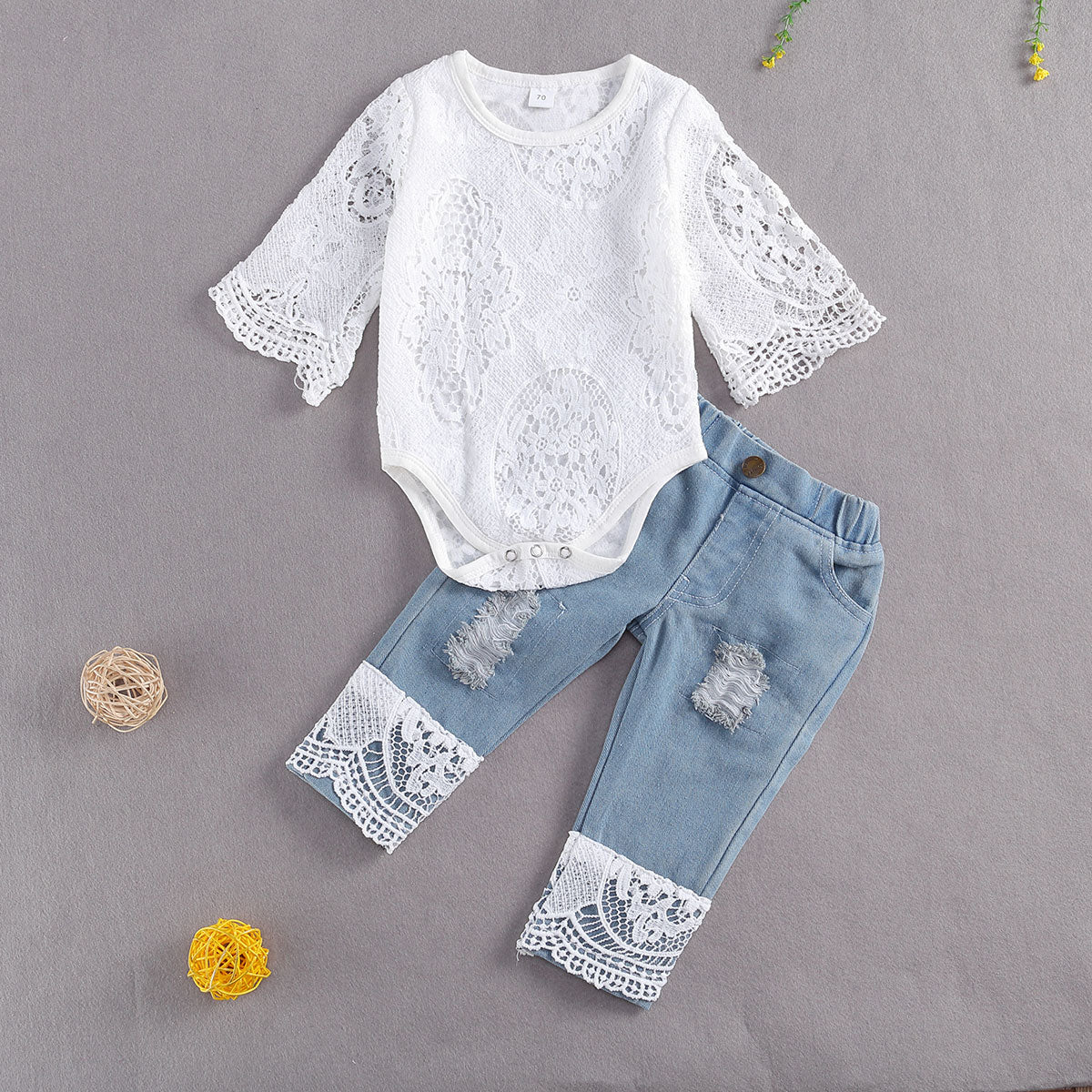 Baby Girls Long Sleeve Lace Romper &amp; Long Jeans Set childrensterritory