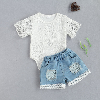 Baby Girls Long Sleeve Lace Romper &amp; Long Jeans Set childrensterritory