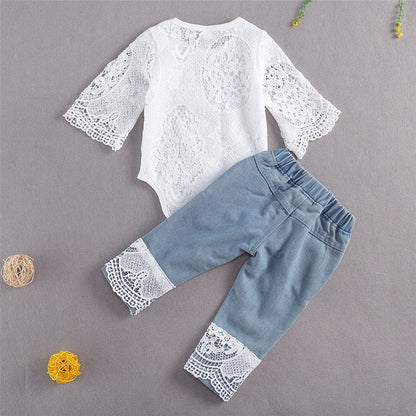 Baby Girls Long Sleeve Lace Romper &amp; Long Jeans Set childrensterritory