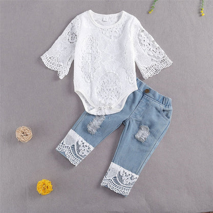 Baby Girls Long Sleeve Lace Romper &amp; Long Jeans Set childrensterritory