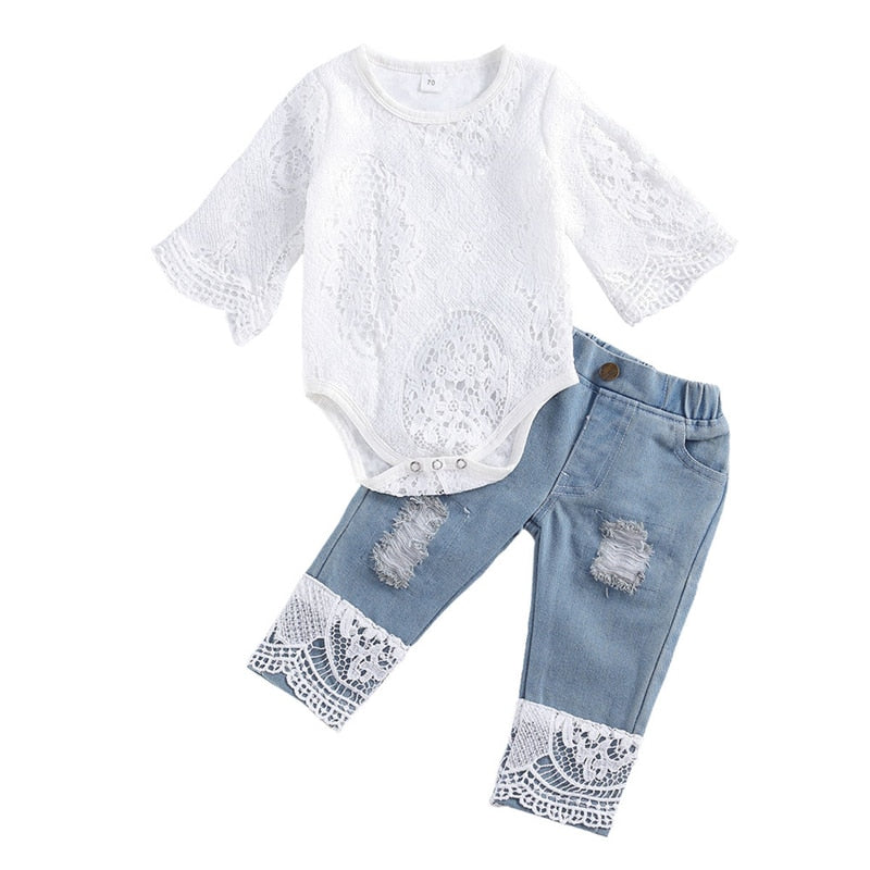 Baby Girls Long Sleeve Lace Romper &amp; Long Jeans Set childrensterritory