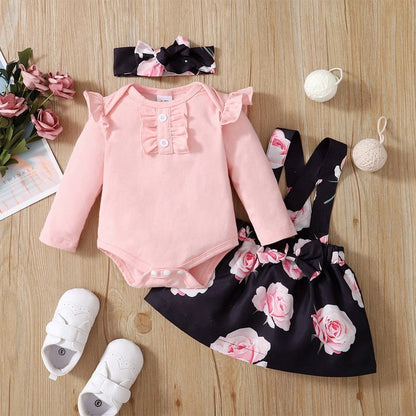 Baby Girls Pink Bodysuit &amp; Floral Suspender Skirt Set childrensterritory