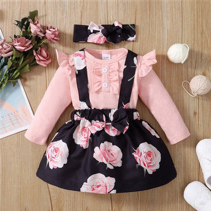 Baby Girls Pink Bodysuit &amp; Floral Suspender Skirt Set childrensterritory