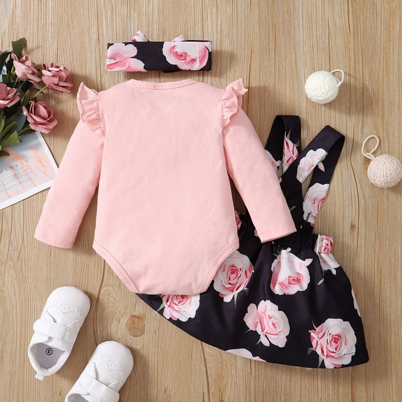 Baby Girls Pink Bodysuit &amp; Floral Suspender Skirt Set childrensterritory