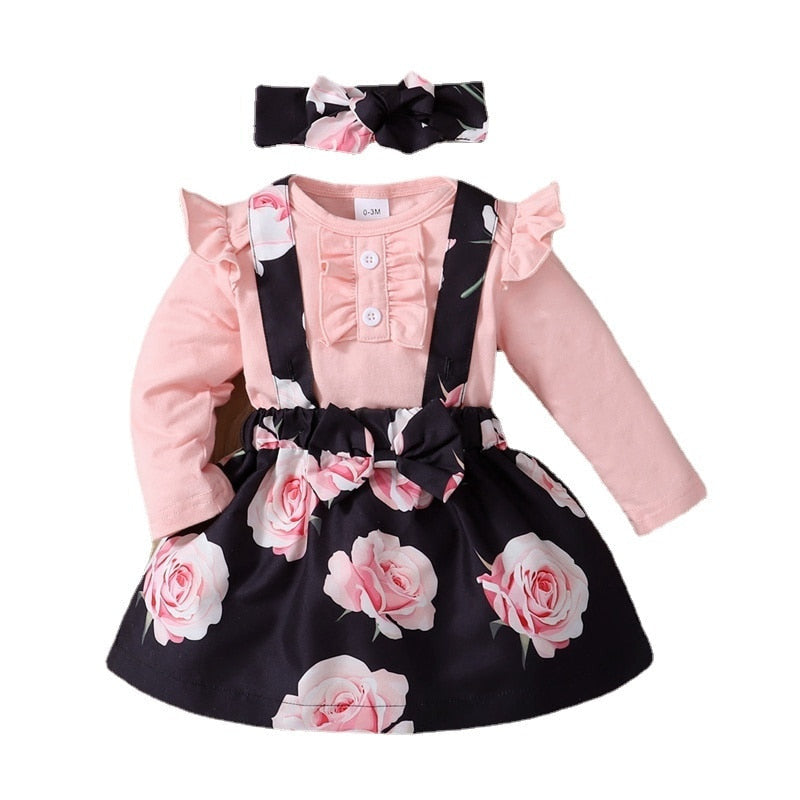 Baby Girls Pink Bodysuit & Floral Suspender Skirt Set childrensterritory