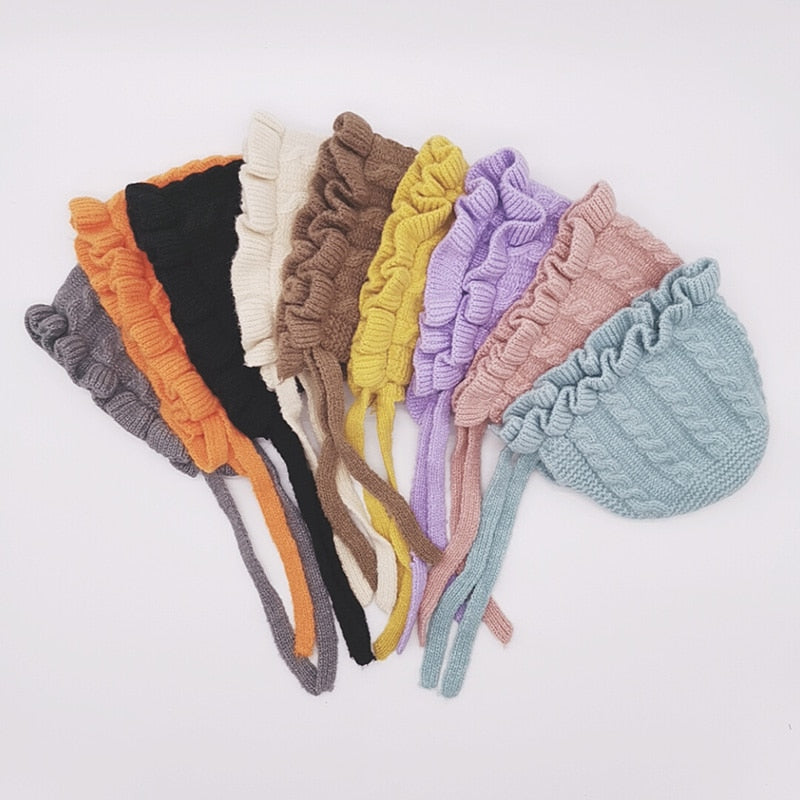 Baby Girls Solid Print Winter Hats With Ruffle Design childrensterritory