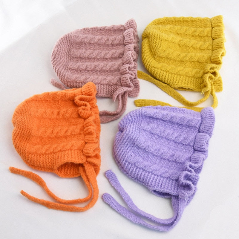 Baby Girls Solid Print Winter Hats With Ruffle Design childrensterritory