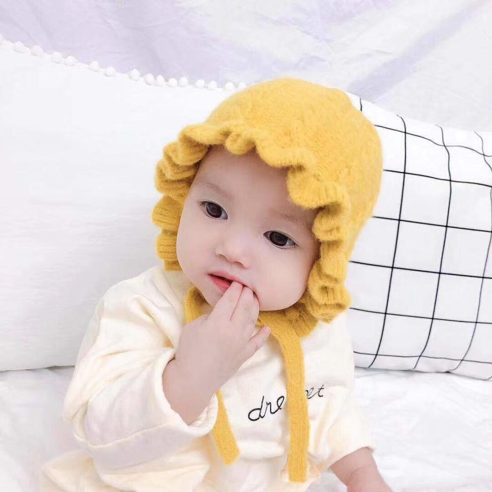 Baby Girls Solid Print Winter Hats With Ruffle Design childrensterritory